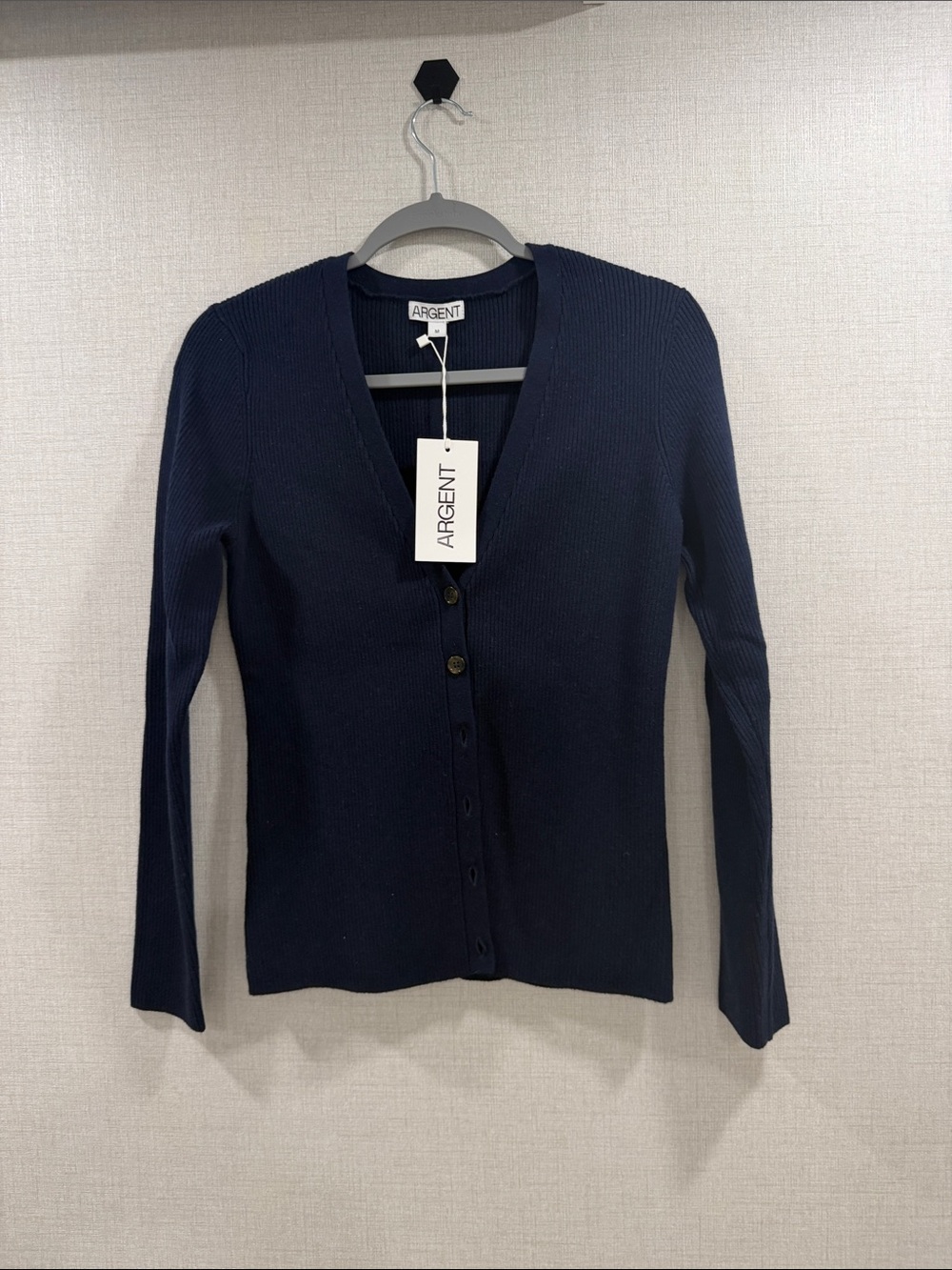 ARGENT Women's Navy Ribbed V-Neck Button Cardigan